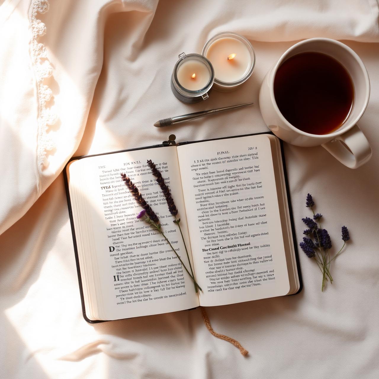 Open Bible with journal, lavender and tea