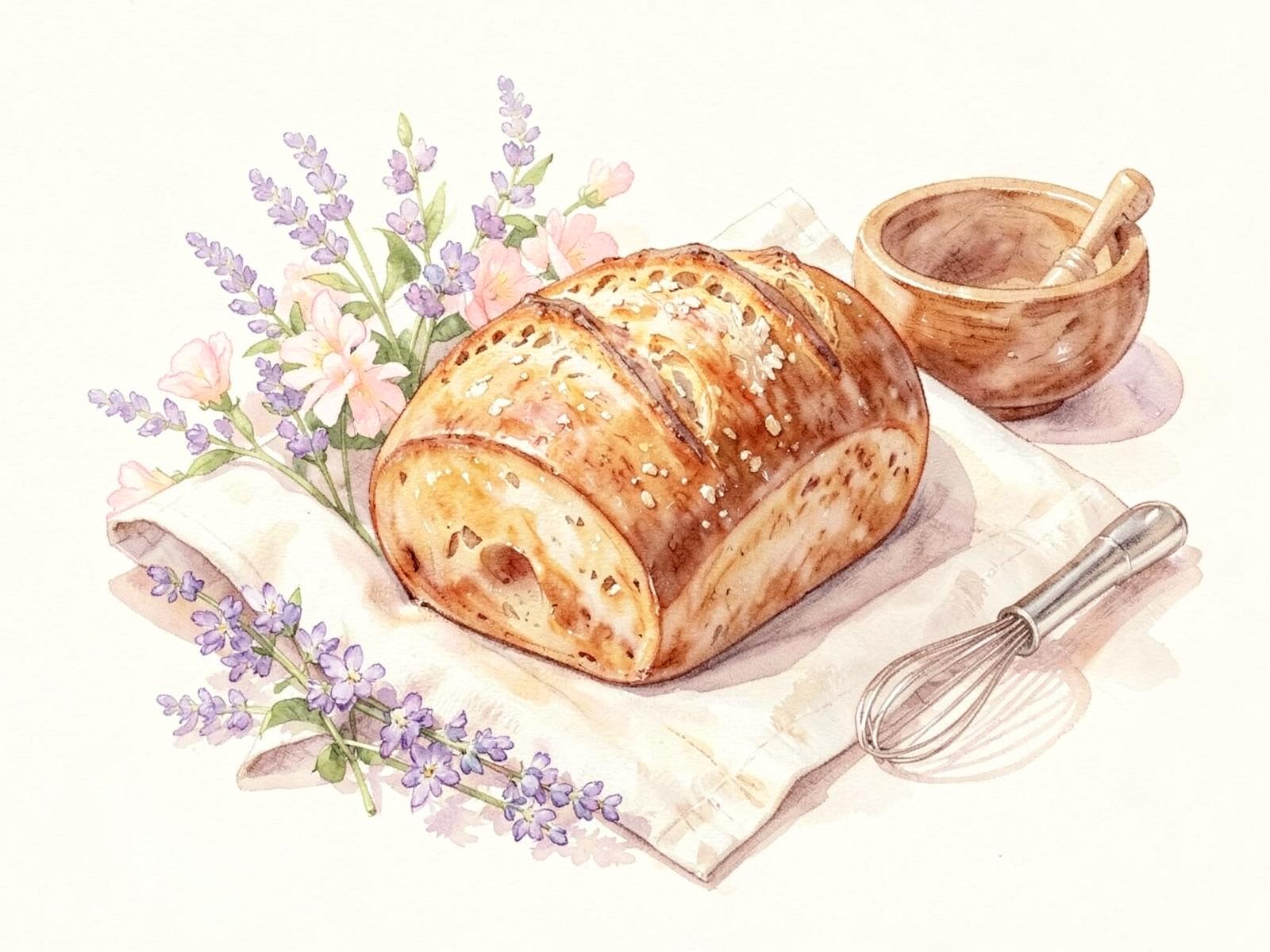 A watercolor of a golden sourdough loaf resting on a linen cloth, surrounded by soft florals, a wooden bowl and a whisk