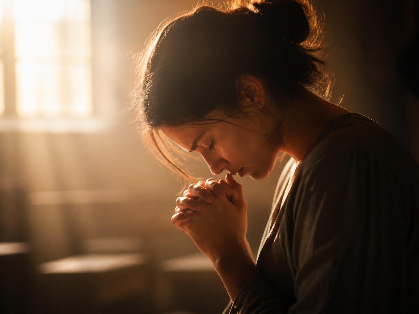 A watercolor of a woman lifting her hands in prayer, surrounded by soft florals and golden light