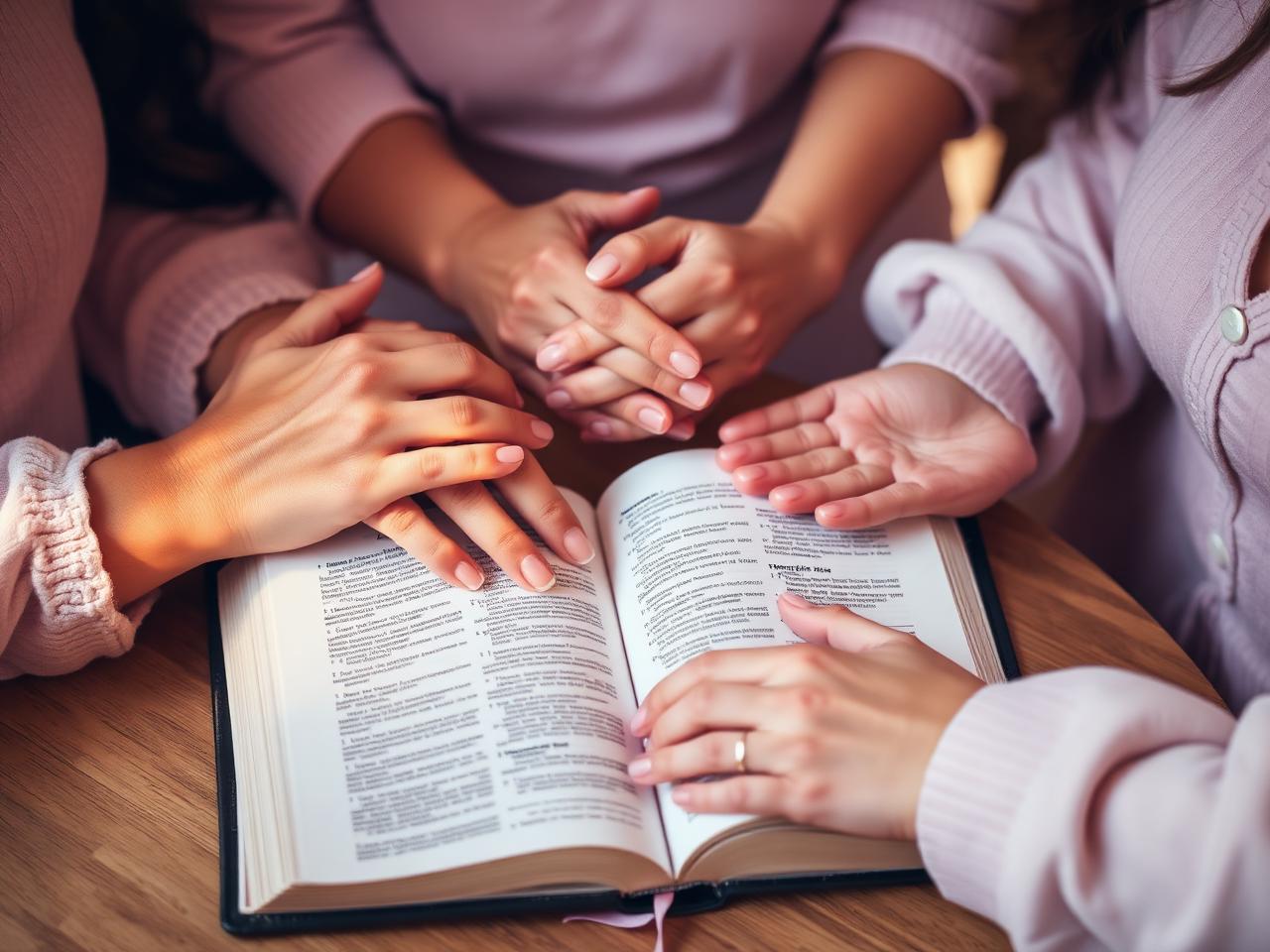 Women joining hands in prayer over an open Bible